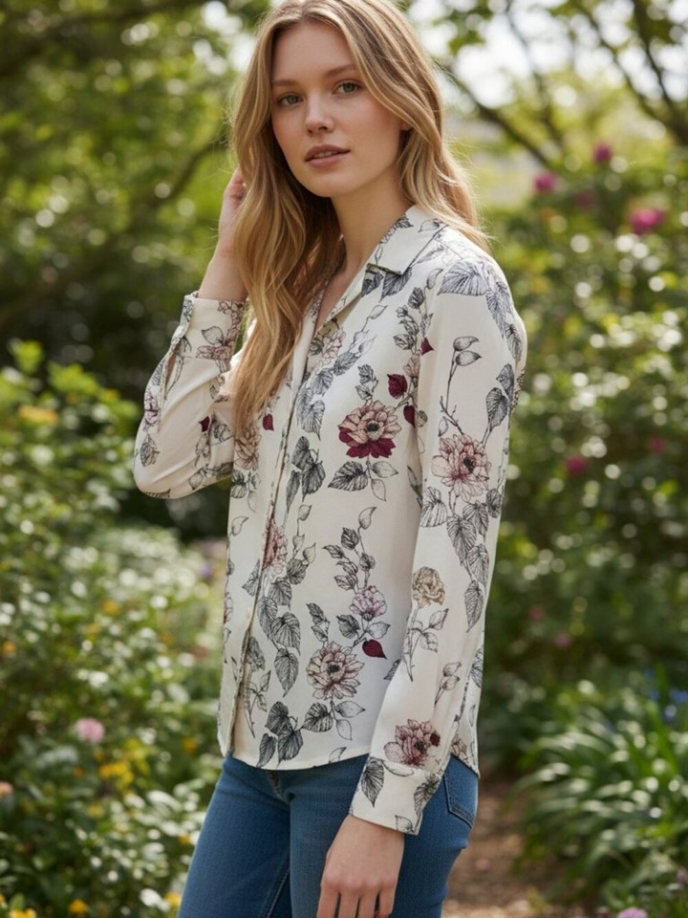 Equipment Femme Cream Floral Silk Button Up Blouse Long Sleeve XS